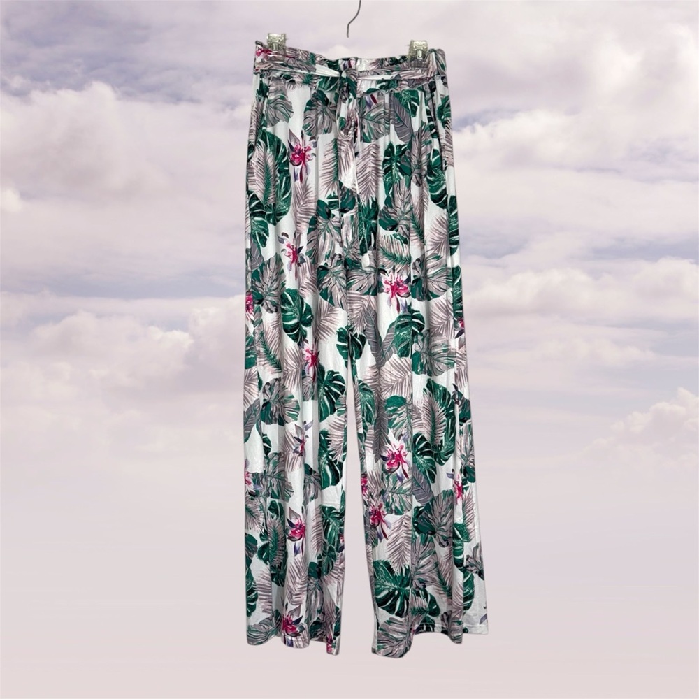 Tropical Leaf Print Wide-Leg Pants — Green & Pink Accents with Tie Belt L
